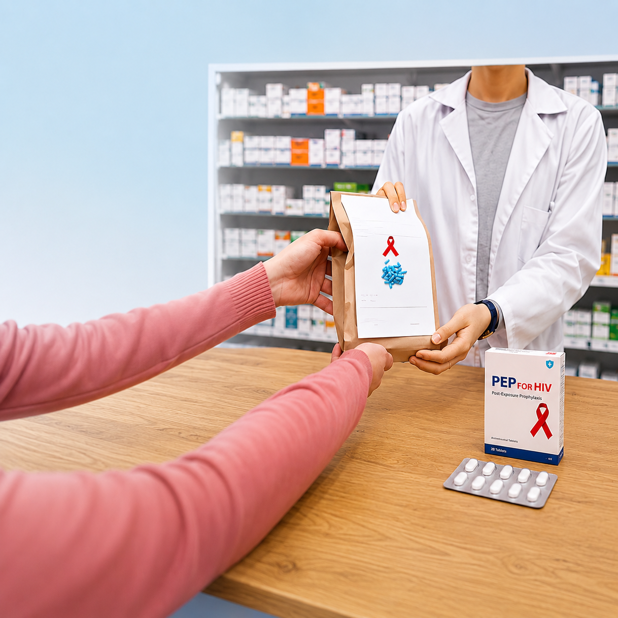 PEP medication delivery — doctor handing medication bag to patient, Delhi NCR