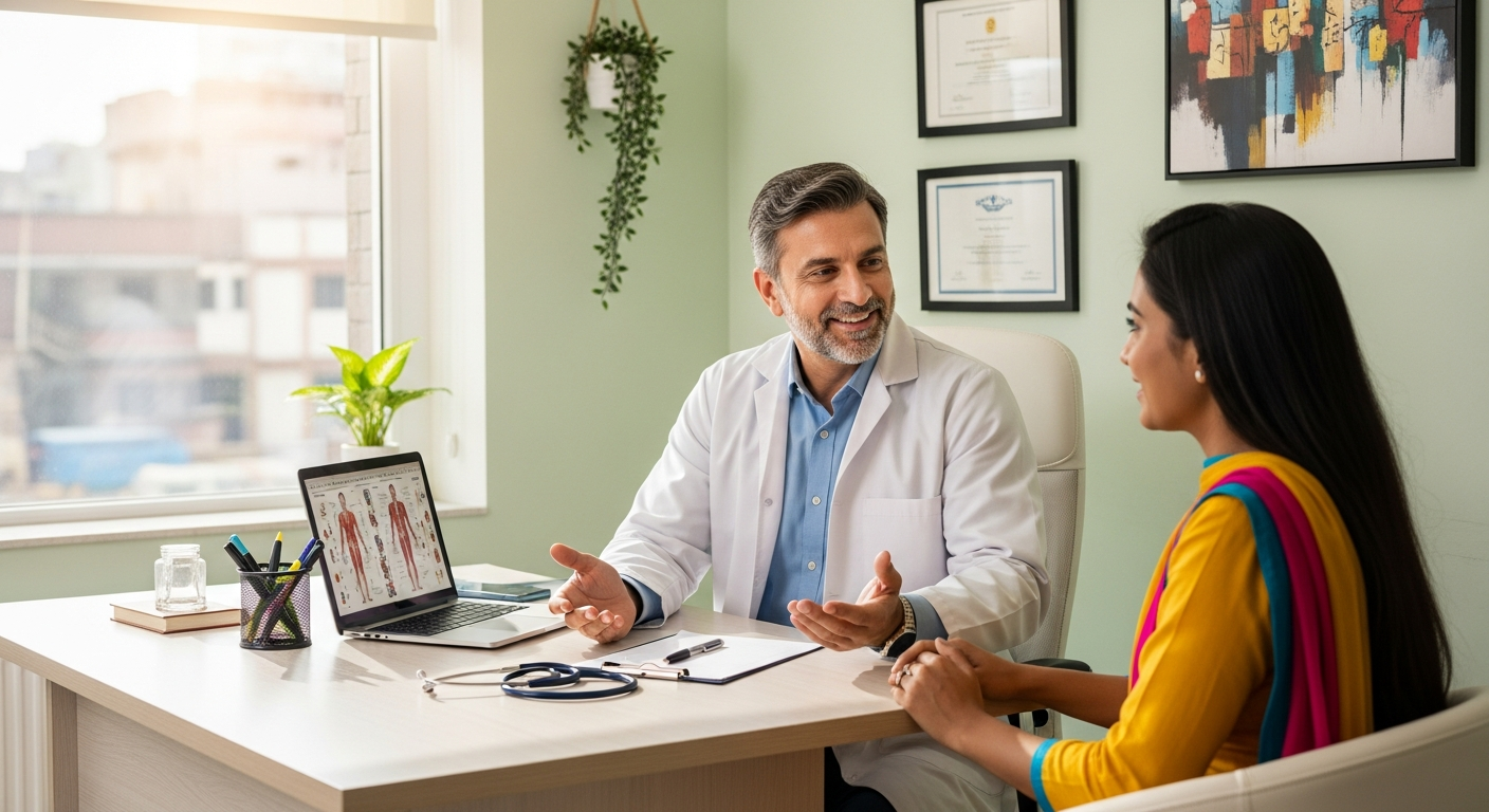 HIV specialist doctor consulting patient in South Delhi clinic